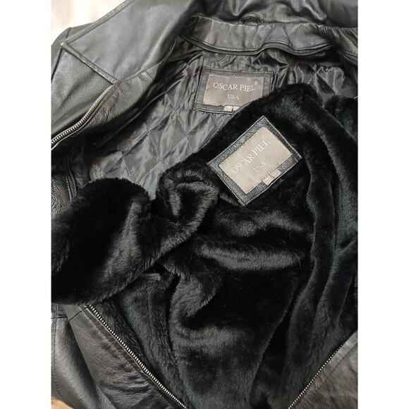 Oscar Piel Leather Jacket w Removable Liner Faux Fur Sz M Black Classic Preppy - Picture 5 of 16